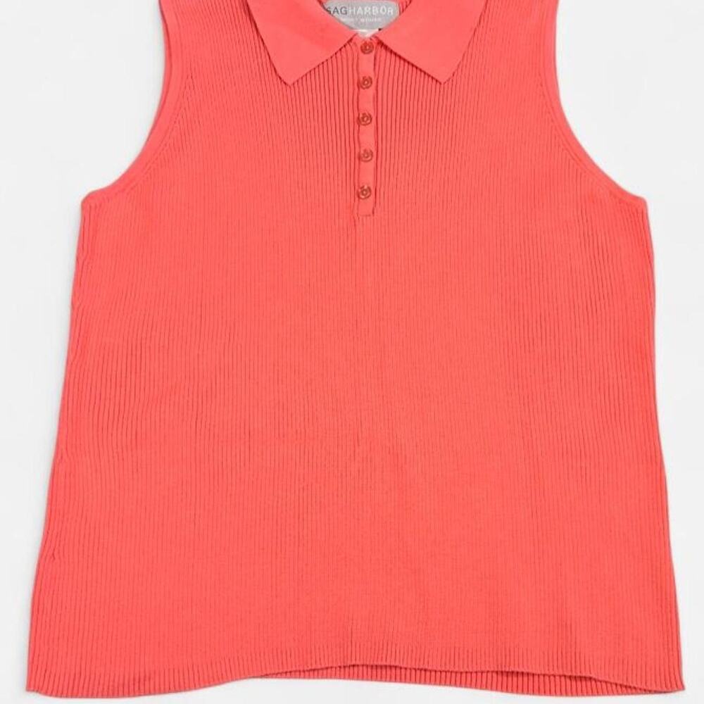 Sag Harbor Sport Woman 1X Sleeveless Polo Sweater Top Coral Ribbed Knit NWT